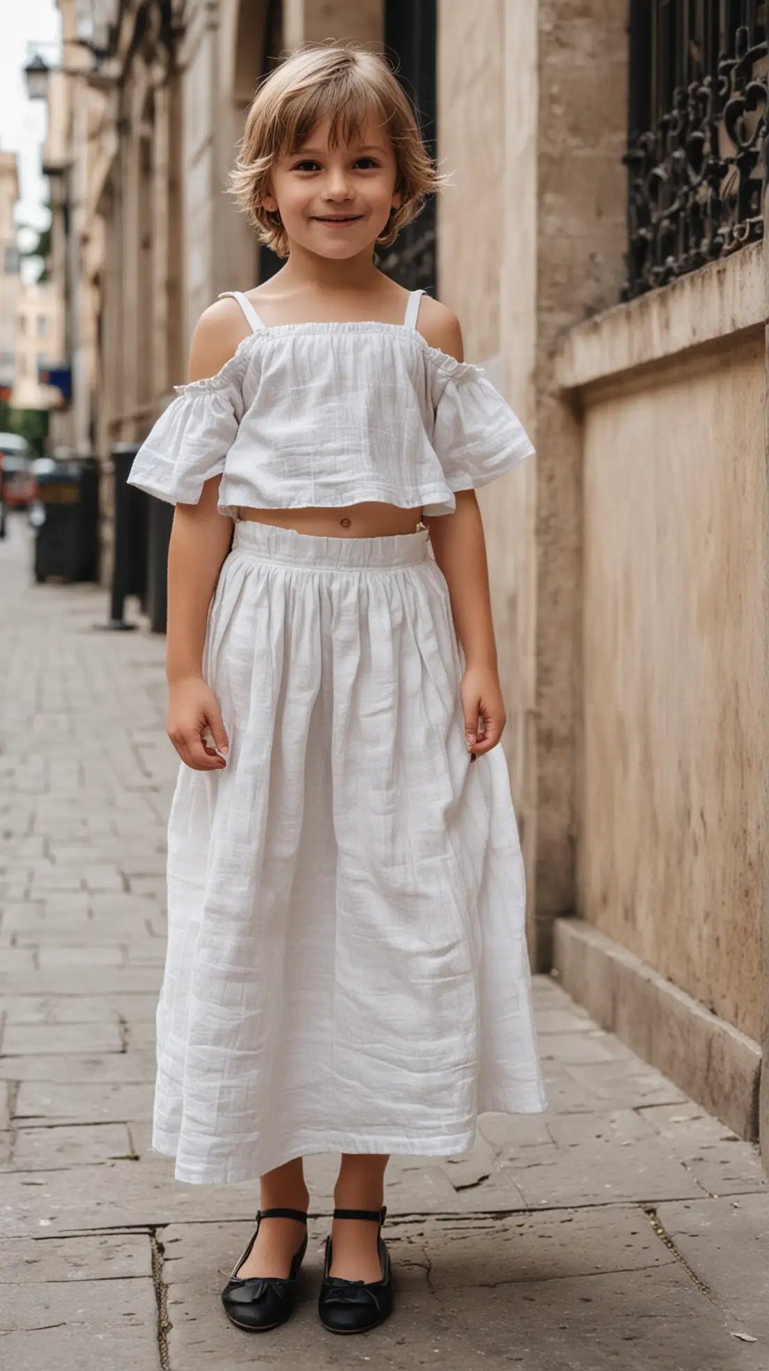 European-Boy-in-White-Linen-Outfit-Smiling-in-City-Setting