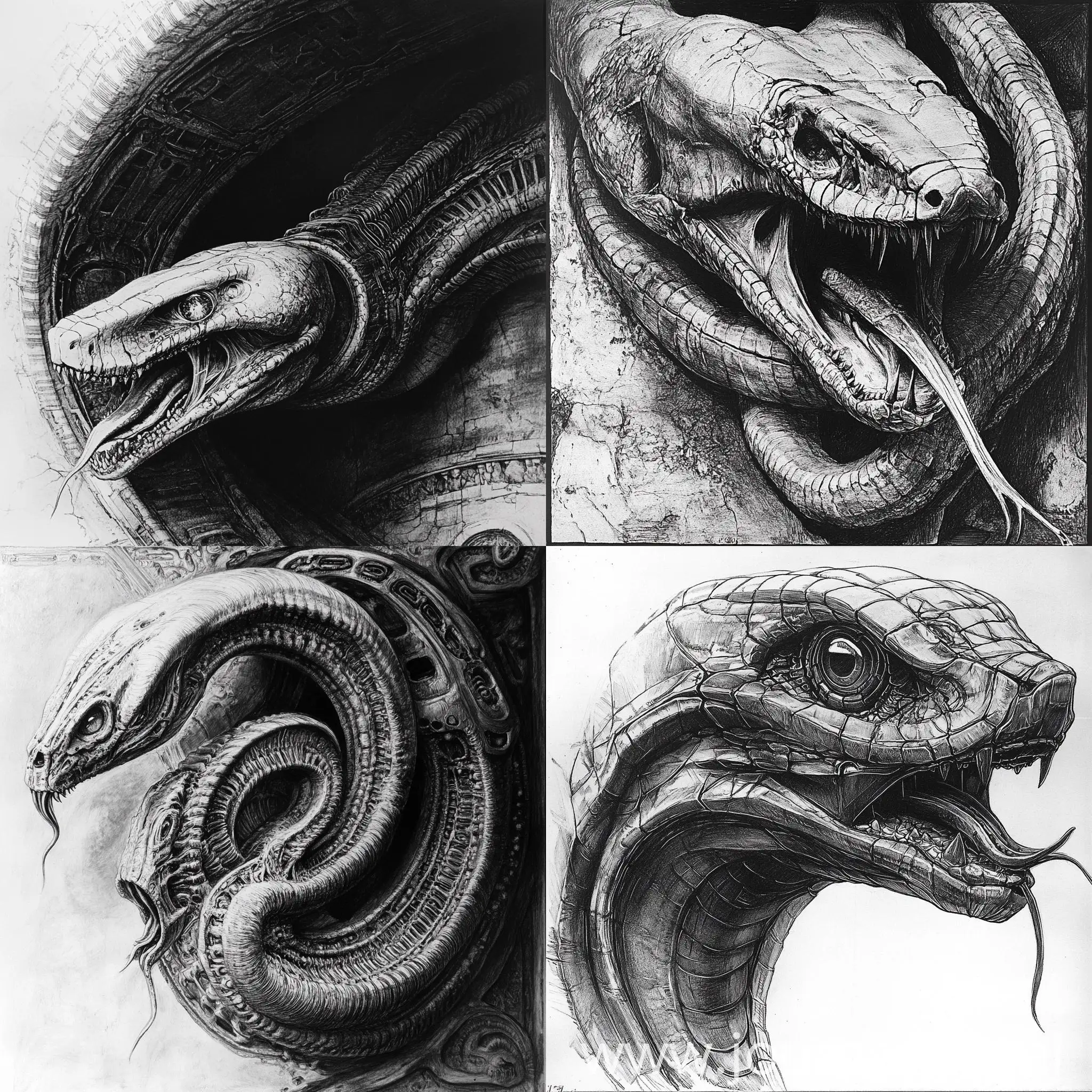 Anthropomorphic-Snake-Creature-in-HR-Giger-Style-Pencil-Drawing