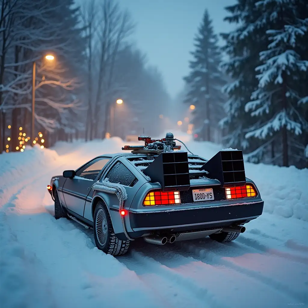 delorean From back to the future in the snow at Christmas