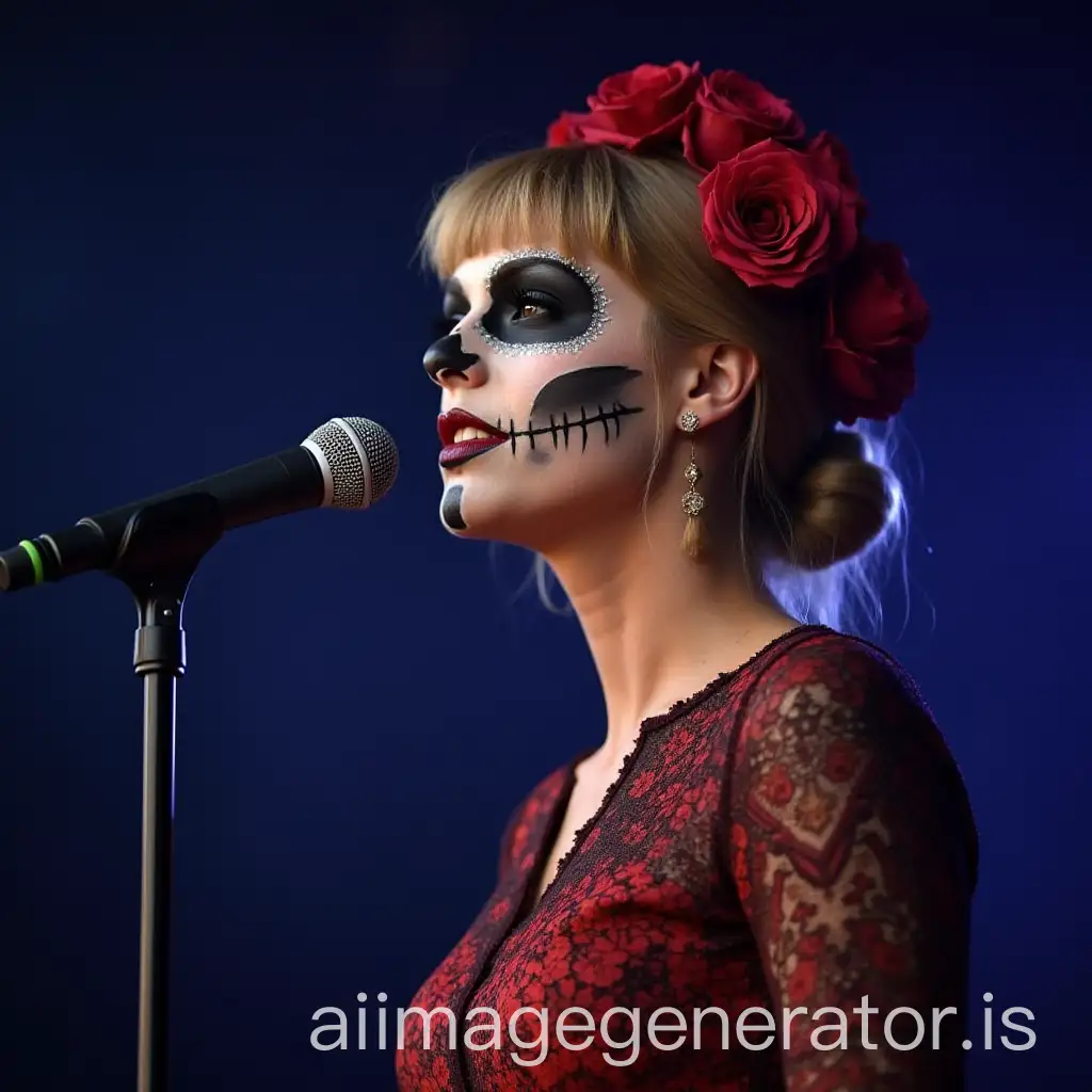 Taylor-Swift-Performing-with-Sugar-Skull-Makeup-on-Stage