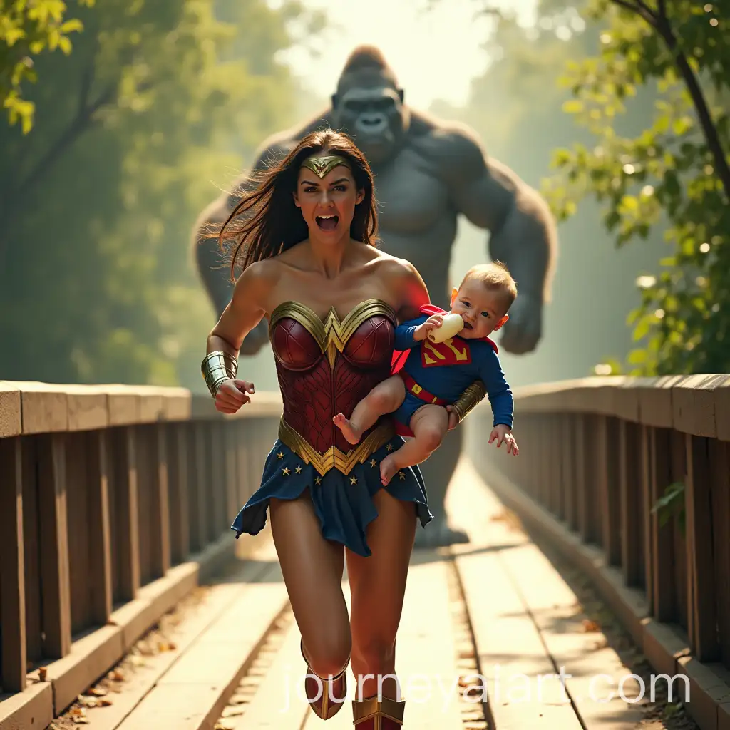 Wonder-Woman-Running-on-Bridge-with-Baby-Superman-While-Being-Chased-by-Giant-Gorilla