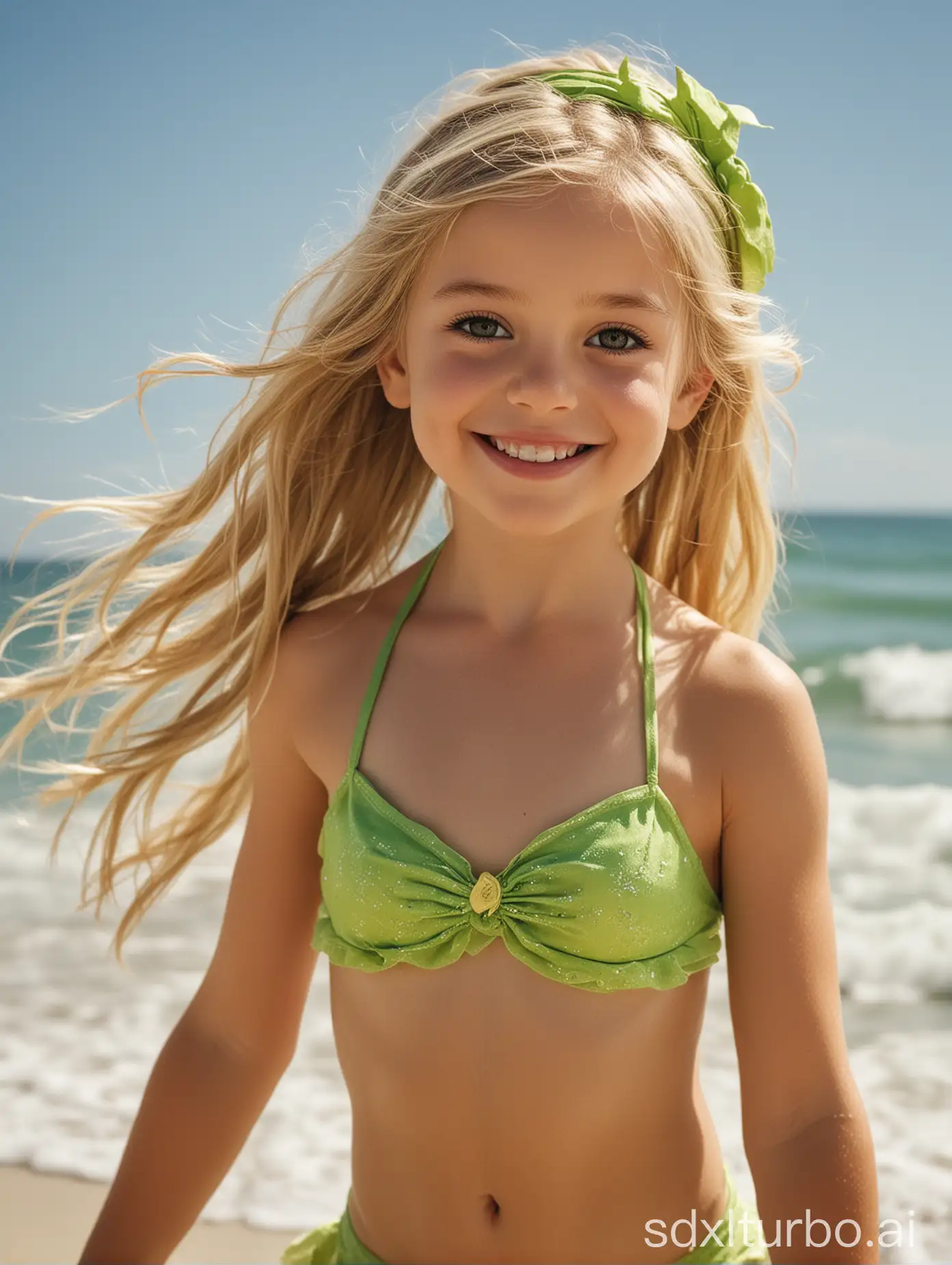 Subject: The main subject of the image is a 9-year-old blonde girl.nCostume/Appearance: The girl has long hair and wears a Tinker Bell bikini, typical attire for a beach day. She has on makeup. Her smile and confidence could be highlighted in her facial expression and posture.nAction: The girl is smiling, indicating joy and contentment. She might be posing confidently to showcase her muscular abs, suggesting pride or confidence.nItems: The girl is wearing a tiny lime green bikini swimsuit, emphasizing her physique.nAccessories: Accessories might include sunglasses, sunscreen, or a beach towel nearby, adding realism to the beach setting.nBackground: The background could feature a sunny beach with waves gently crashing onto the shore, enhancing the summery vibe.