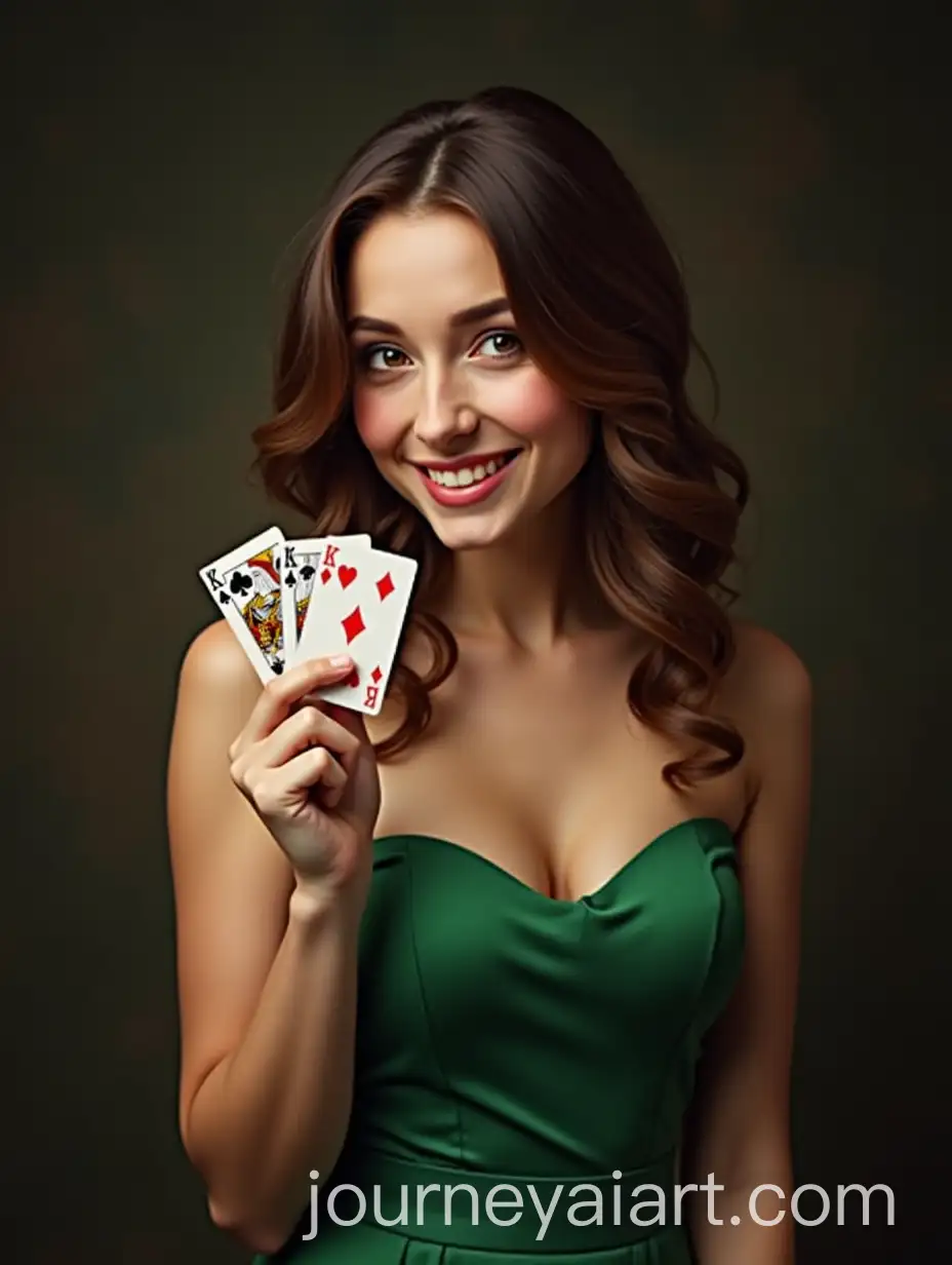 Young-Smiling-Woman-in-Green-Dress-Holding-Poker-Cards