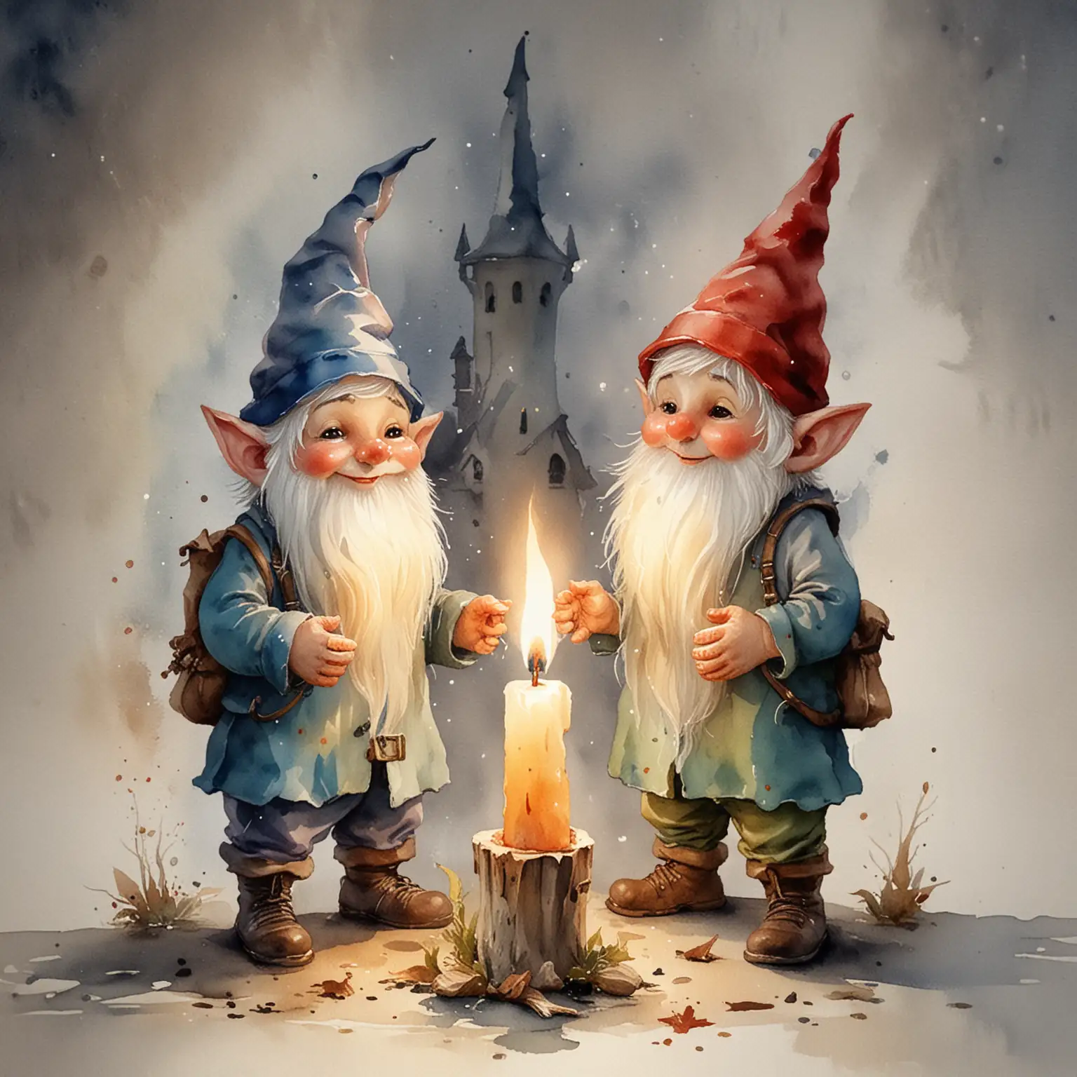 In watercolor, two small gnomes light a candle with a match, one gnome stands on the other's shoulders to reach up and light it awake