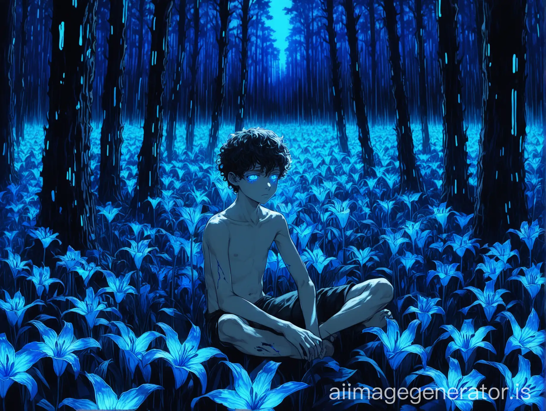 a boy of 14 years curly mid-length hair black tears flow from his eyes he has huge blue veins that stand out from the blue neon eyes with vertical black pupils he is sitting bare chested in a field of neon blue lilies, blueish filaments, blue neon butterflies, the field is surrounded by large black pines