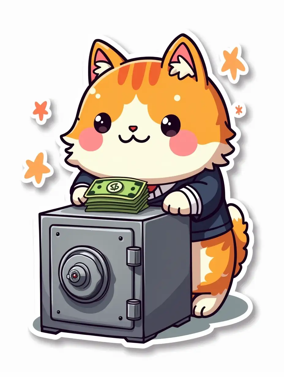 A curvilinearly cut sticker depicting a kawaii positive fluffy little cat in office clothes with an atom symbol on t-shirt. The cat puts a wad of money in a huge bank safe. Vibrant and dynamic die cut sticker design top-view, high resolution, vector art, white background, paint in anime style