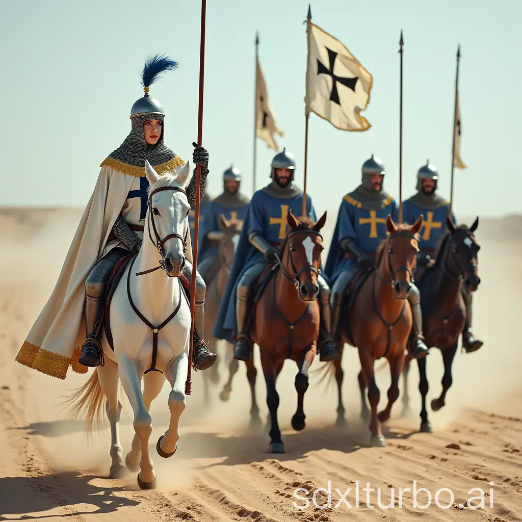 Beautiful, young, athletic, slender, German female Teutonic knight, dressed in a long, white cloak decorated with gold edging, in plate gloves, in plate boots, in a chain mail balaclava, in a plate helmet with a visor with a blue plume, in her right hand a long spear with a white flag, a black cross is painted on the white flag of the spear, red lipstick is applied to the lips, foundation is applied to the face, a black cross is embroidered with gold threads on the chest, a female Teutonic knight quickly gallops on a horse, in full growth, sideways to me, a female Teutonic knight is accompanied on horseback by four knights-crusaders, dressed in long, blue cloaks with gold edging, in plate boots, in plate gloves, in chain mail balaclavas, in plate helmets, each knight has a long spear, on the chest of the knights-crusaders is embroidered with gold threads a golden Jerusalem cross, five horsemen are galloping on horses, in the desert, sideways to me