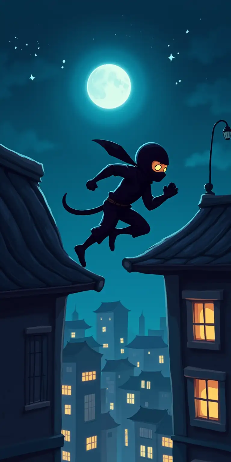 Cartoon Ninja Running Across Building at Night