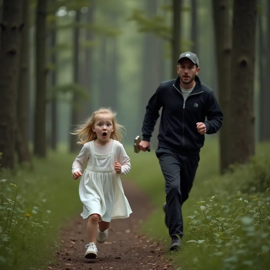 6-year-old blonde German girl runs through the forest. She is wearing a white dress. She is scared. Behind her, a 24-year-old man in a black tracksuit and a cap is running. He has a hammer.