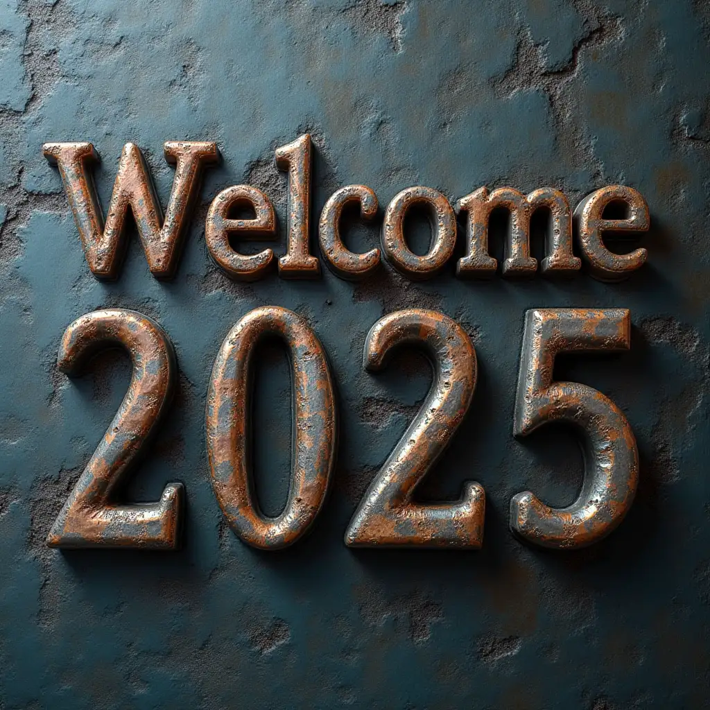 Welcome 2025 written with metallic steel letters on textured surface, high defined image, top view, 32k