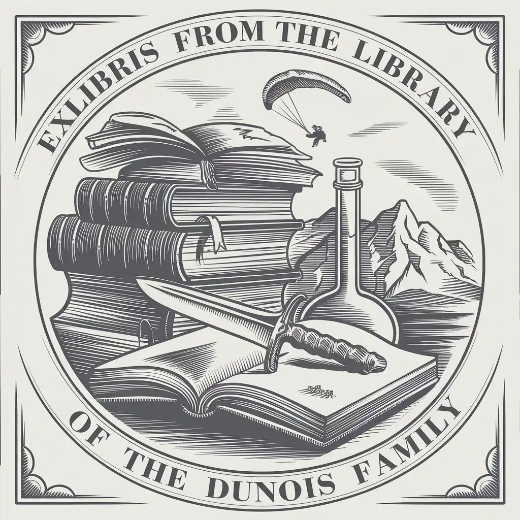 LOGO-Design-for-Dunois-Family-Library-Exlibris-with-Books-Dagger-Flask-and-Paraglider-in-Engraving-Style