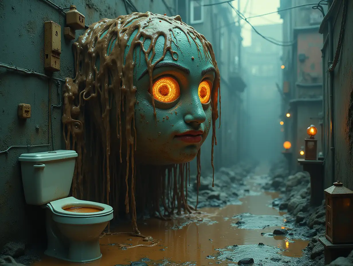 Creating a digital photo of a face with slime hair, that transforms into a building with brown soup and illuminated toilet with rusty iron and a river with floating paint worms and rusty lanterns and strange ghostly creatures