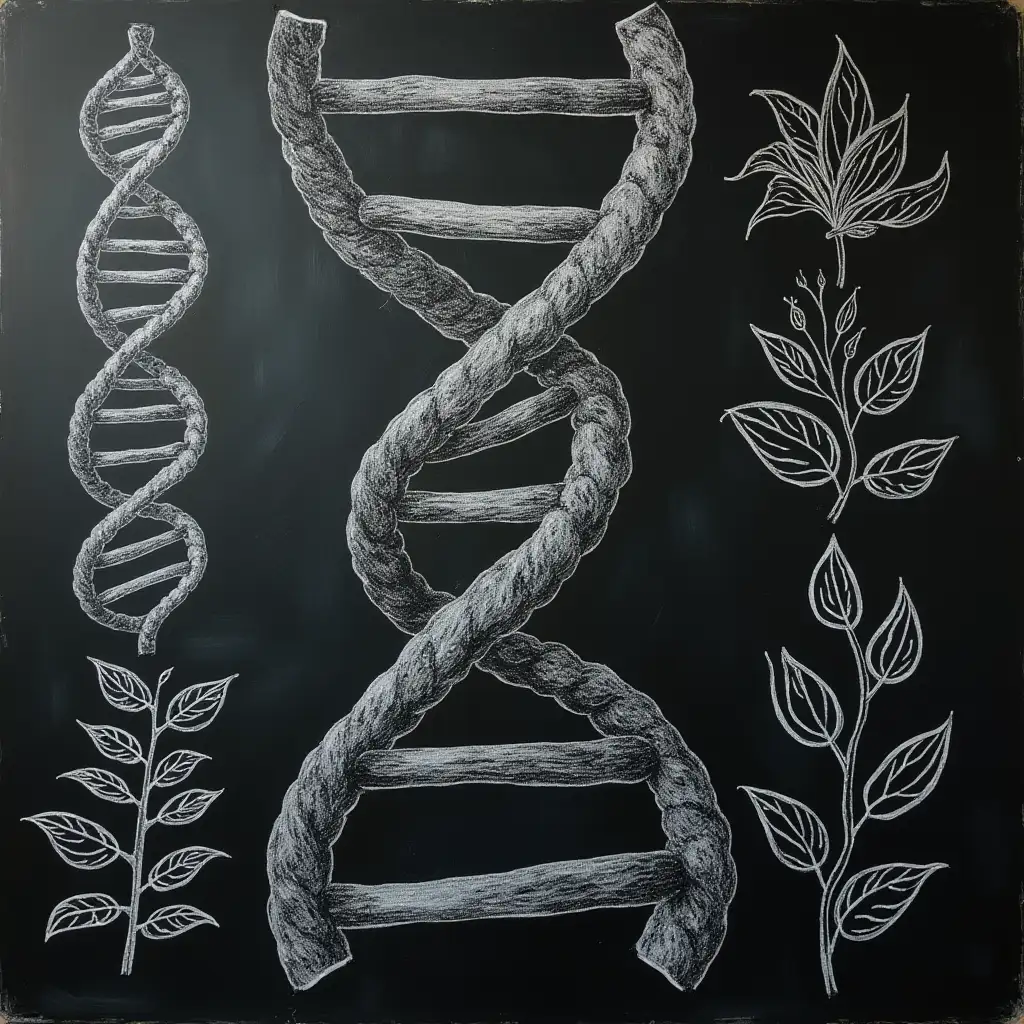 DNA-Helix-Overlaid-on-Blackboard-with-Chalk-Drawings-of-Genes-Plants-and-Animals-Symbolizing-Heredity-and-Evolution