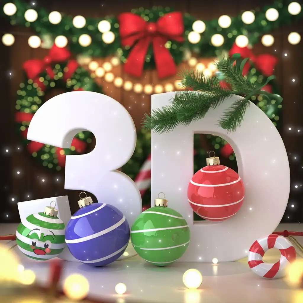 3D volumetric white letters on which lie bright cartoon New Year decorations and a green tree branch 3D