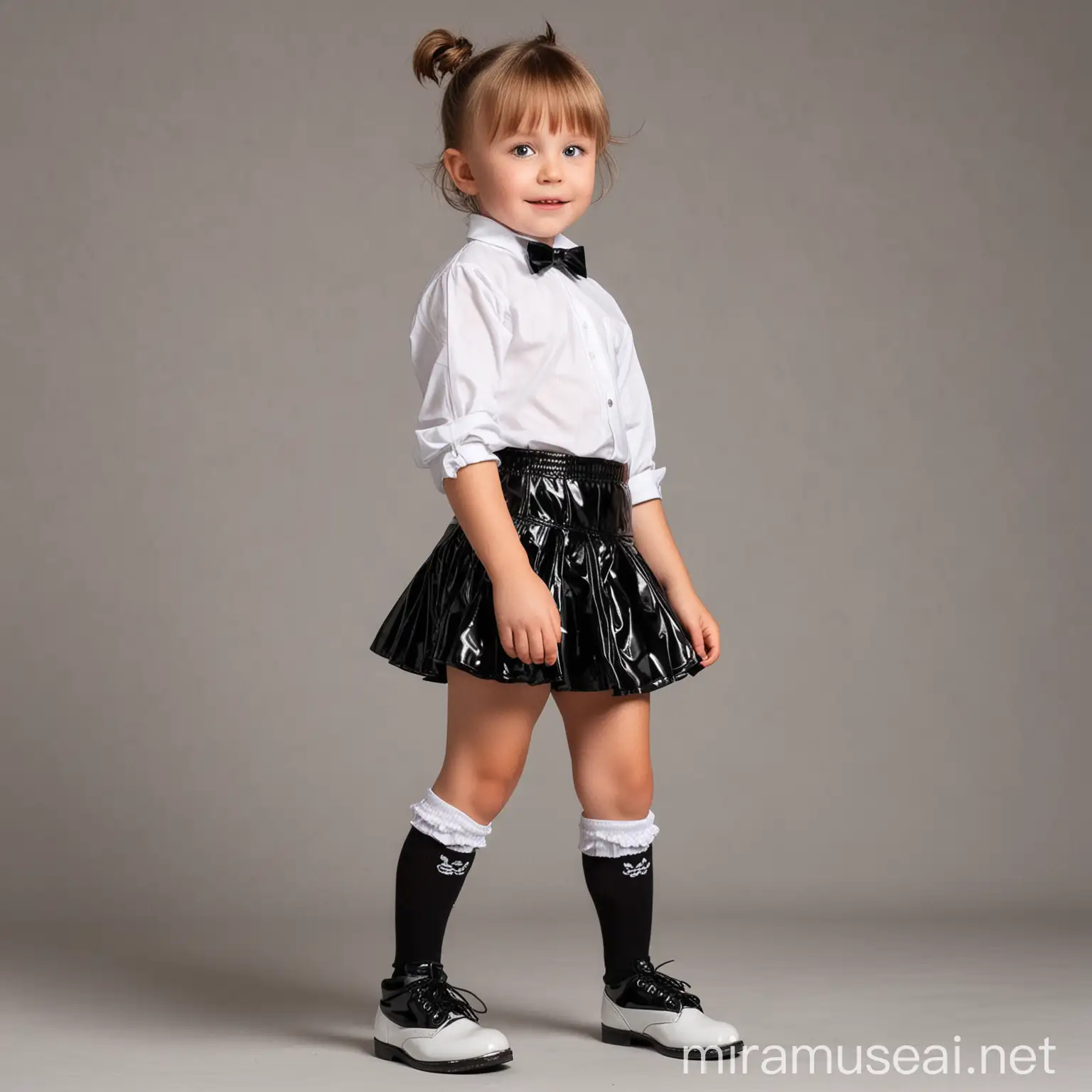 Adorable Little Boy in Black Mini Skirt and Frilly White Socks