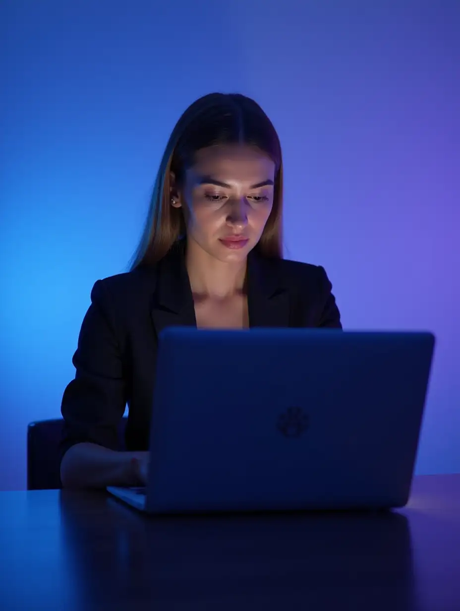 A professional woman sitting and working on a laptop, viewed from the front with the laptop in the foreground. She is focused and engaged, with an expression of deep concentration. The background features a smooth very light gradient of blue and purple light, creating a sleek and futuristic ambiance. Soft ambient lighting enhances the modern and tech-savvy aesthetic, with subtle reflections and depth. Optimized for a vertical 9:16 aspect ratio, ensuring a clean and professional look.