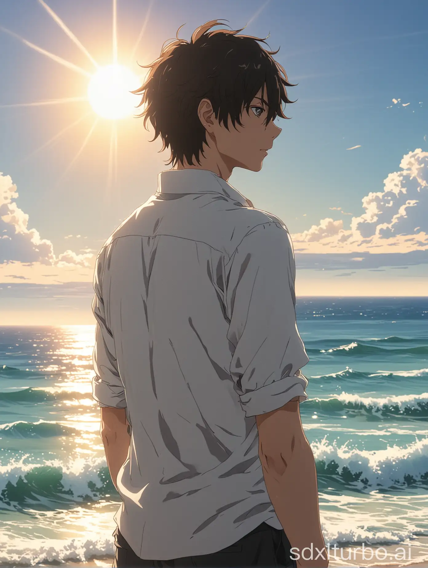 a 30-year-old anime boy with an upwardly mobile spirit, his back facing the sea, bathed in bright sunlight