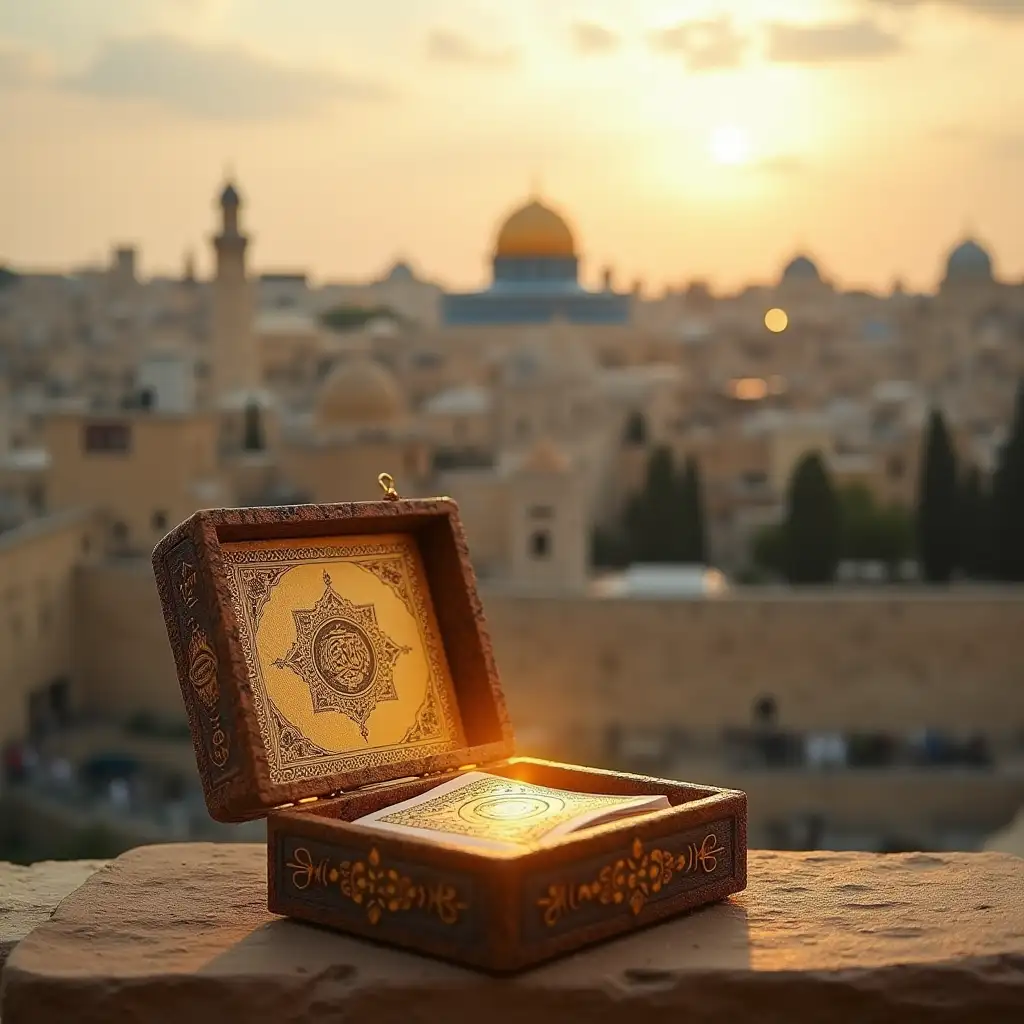 A picturesque view of Jerusalem, showcasing its iconic churches and religious landmarks in the background. In the foreground, a small, intricately designed box with a chip inside, containing quran The box is illuminated by a soft, divine light, symbolizing the miracle of the Holy Land.