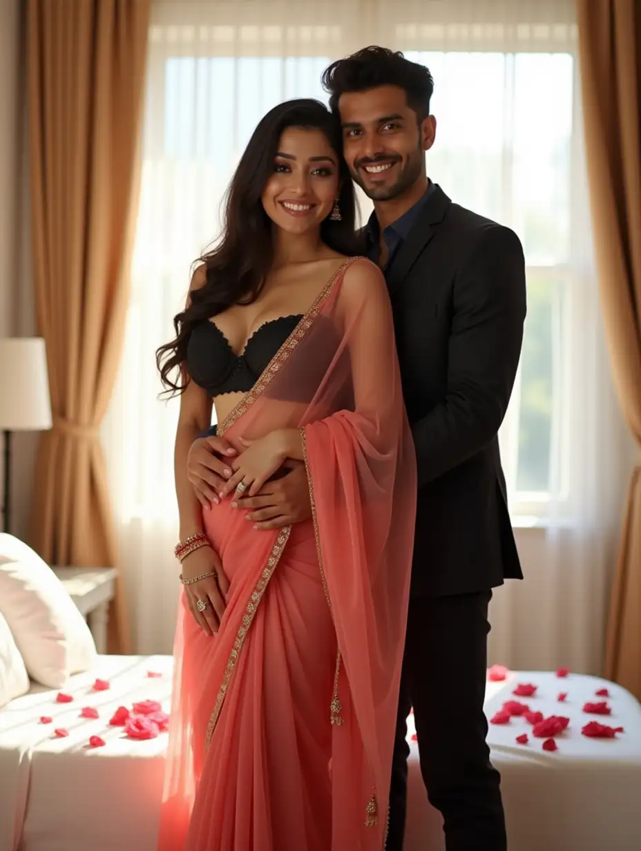 A stunning full-body cute Indian standing in a romantic embrace, smiling warmly. She has a curvier figure with a cute, beautiful round face and is wearing a half saree of light pinkish red color. She wears fancy, modern partywear, designer and embroidery saree of net material. She is wearing a black, sleeveless, deep v neck short blouse showing cleavage, navel, and waist. Bra has small cups, enhancing the stylish modern western look. She has a fair, radiant white skin tone. She is a little fuller. She has beautiful open hairs, some hair coming on her cheek. The man is dressed in a well-fitted, stylish dark suit standing behind her and also has a fair white skin tone. He is handsome and charming. Both look straight at the camera in front. The background features a beautifully decorated bedroom with flowers, rose petals on white bedsheet. Bright sunlight comes into the bedroom. Focus more on the couple than on the background. Create a 1080p resolution image. She has a beautiful figure and stunning looks. Both look forward.