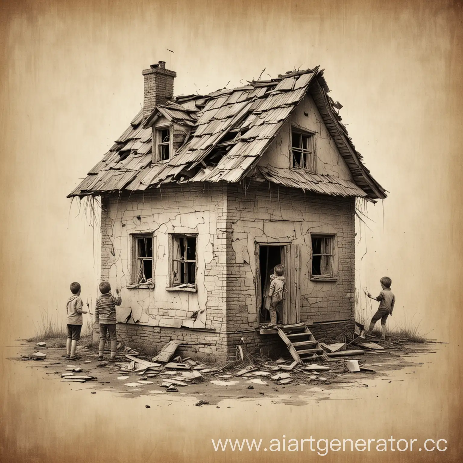 Children-Playing-Around-a-HandDrawn-Damaged-House