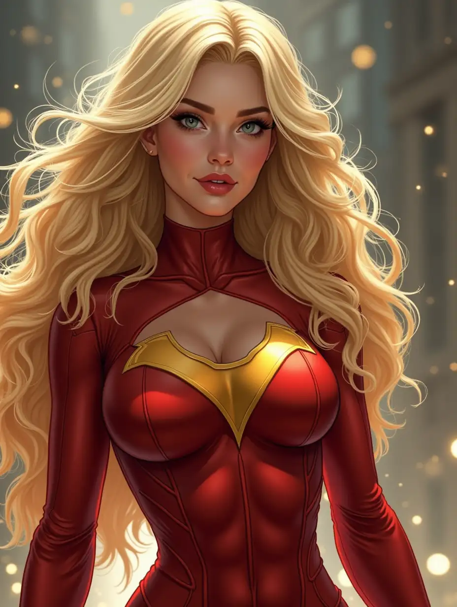 Depiction of a beautiful white woman with long blonde hair sexy superhero