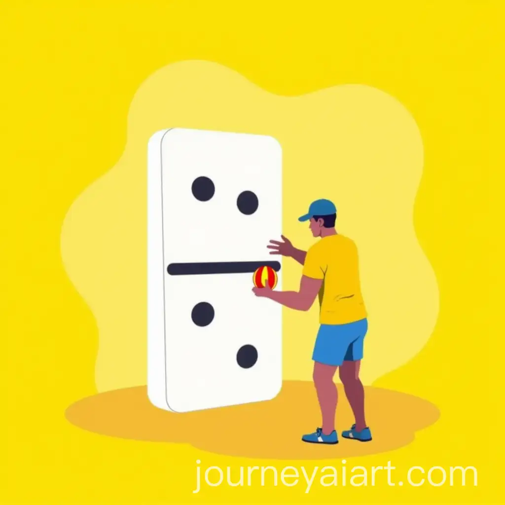 Man-Playing-Dominoes-with-a-Red-and-Yellow-Ball-in-Bright-Yellow-Setting