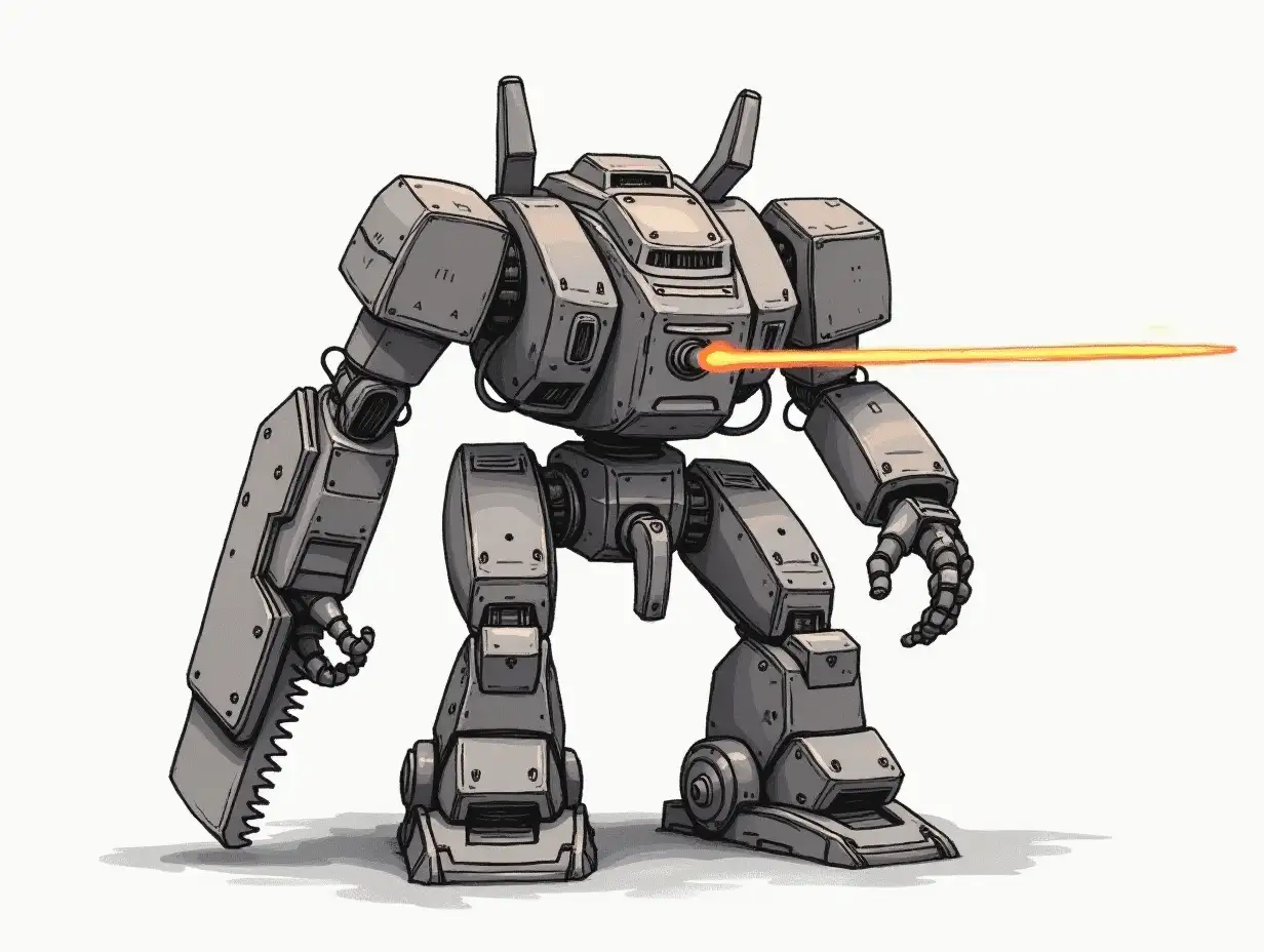 Draw a large war robot armed with machine saw and laser