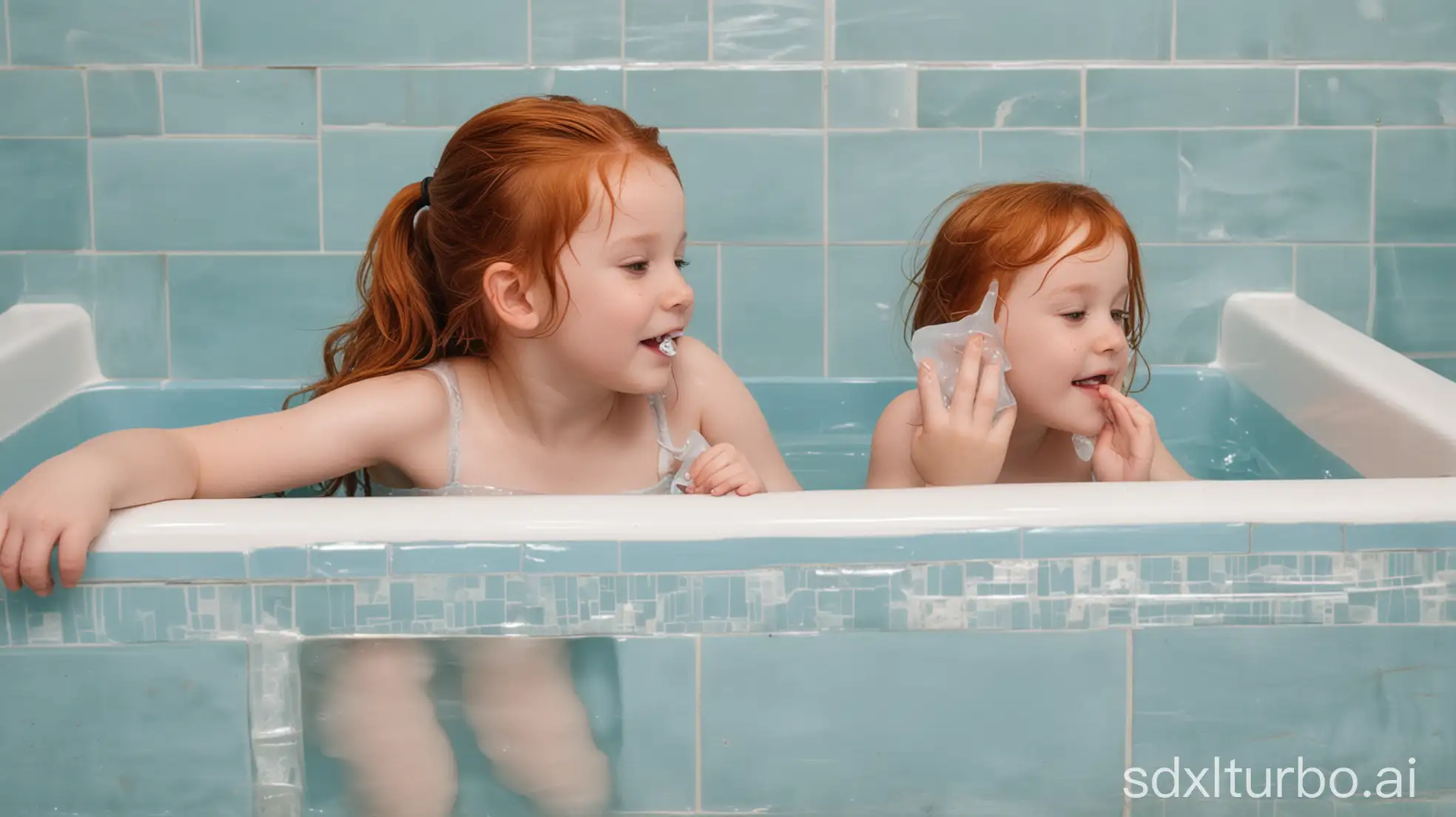 Pregnant-Redhead-Little-Girl-in-Preschool-Bathtub-with-Soap-Bar