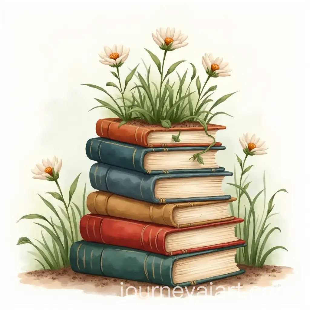 Vintage-Books-with-Plants-Growing-Around-Them-in-a-Romantic-Watercolor-Scene