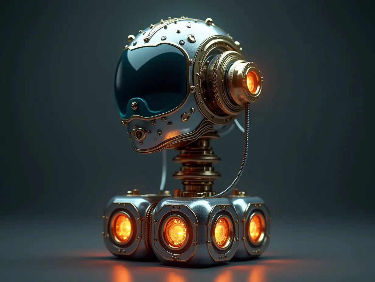 Create a high-resolution, realistic image of the artificial intelligence Robert with a metal and glass head with gears, lightwave guides, LED light face 3d 4k resolution with gold and silver ornaments in a robot room and stands on a cabled dice with lights