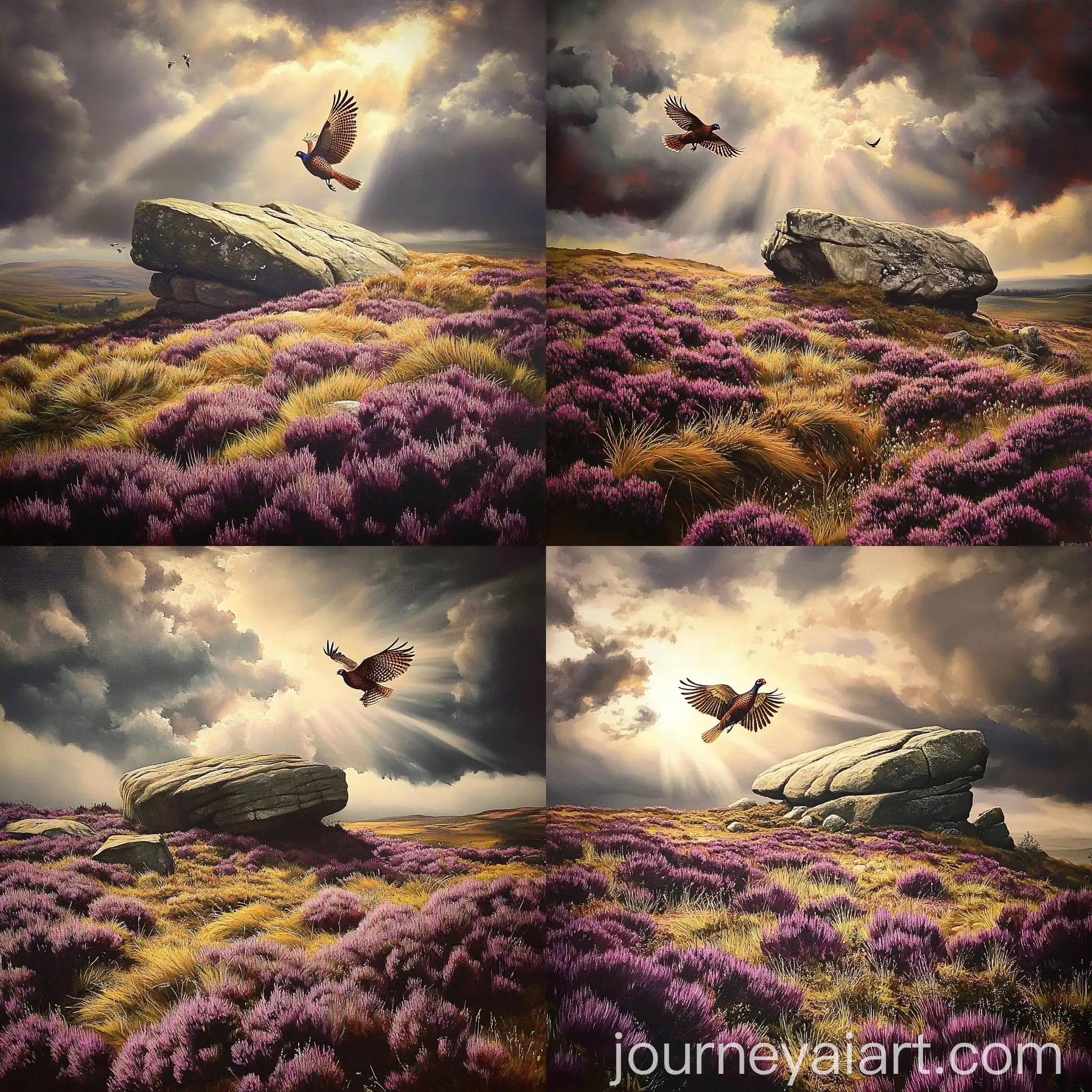 Moorland-Landscape-with-Large-Rock-Purple-Heather-and-Pheasant-in-Flight