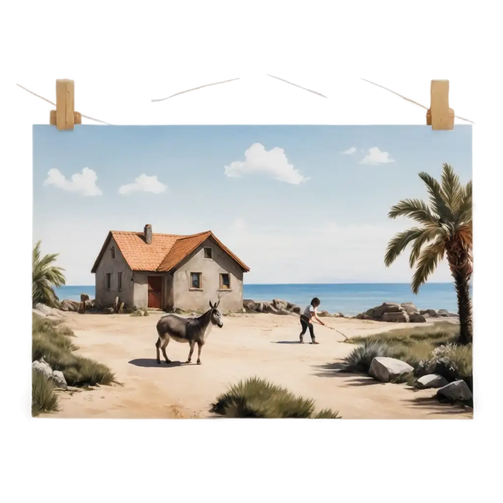 Realistic-PNG-Image-of-a-House-by-the-Shore-with-a-Donkey-and-Cat-Playing-Tennis-HighQuality-Photo-Painting