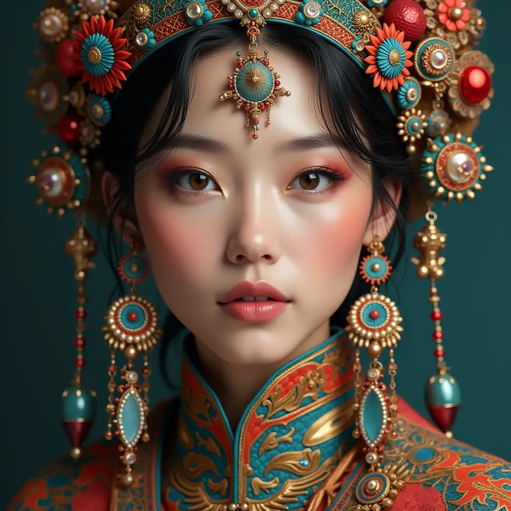 A hyperrealistic portrait of a beautiful Mongolian woman wearing intricately detailed, colorful and futuristic jewelry.