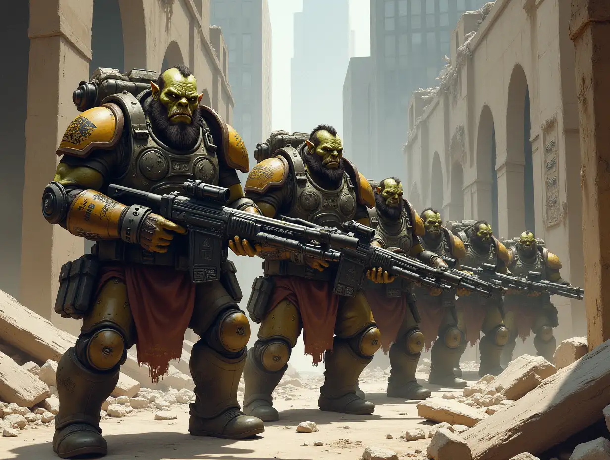 A rugged band of modernized orcs equipped with state-of-the-art Ratnik gear, wielding powerful Pecheneg machine guns, stand amidst the crumbling ruins of the Pentagon. This scene is depicted in a vividly intricate painting, showcasing every detail of their battle-worn armor and formidable weaponry. Each orc exudes a fierce intensity, their war-torn surroundings adding a sense of gritty realism to the image. The quality of this depiction is impeccable, immersing the viewer in a captivating tale of futuristic warfare amidst historical destruction.