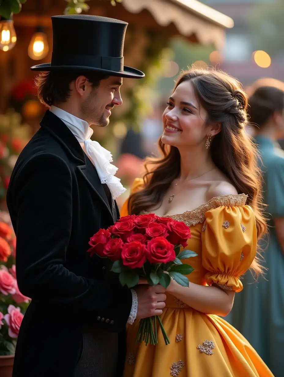 Victorian-Couple-at-Flower-Stall-with-Red-Roses