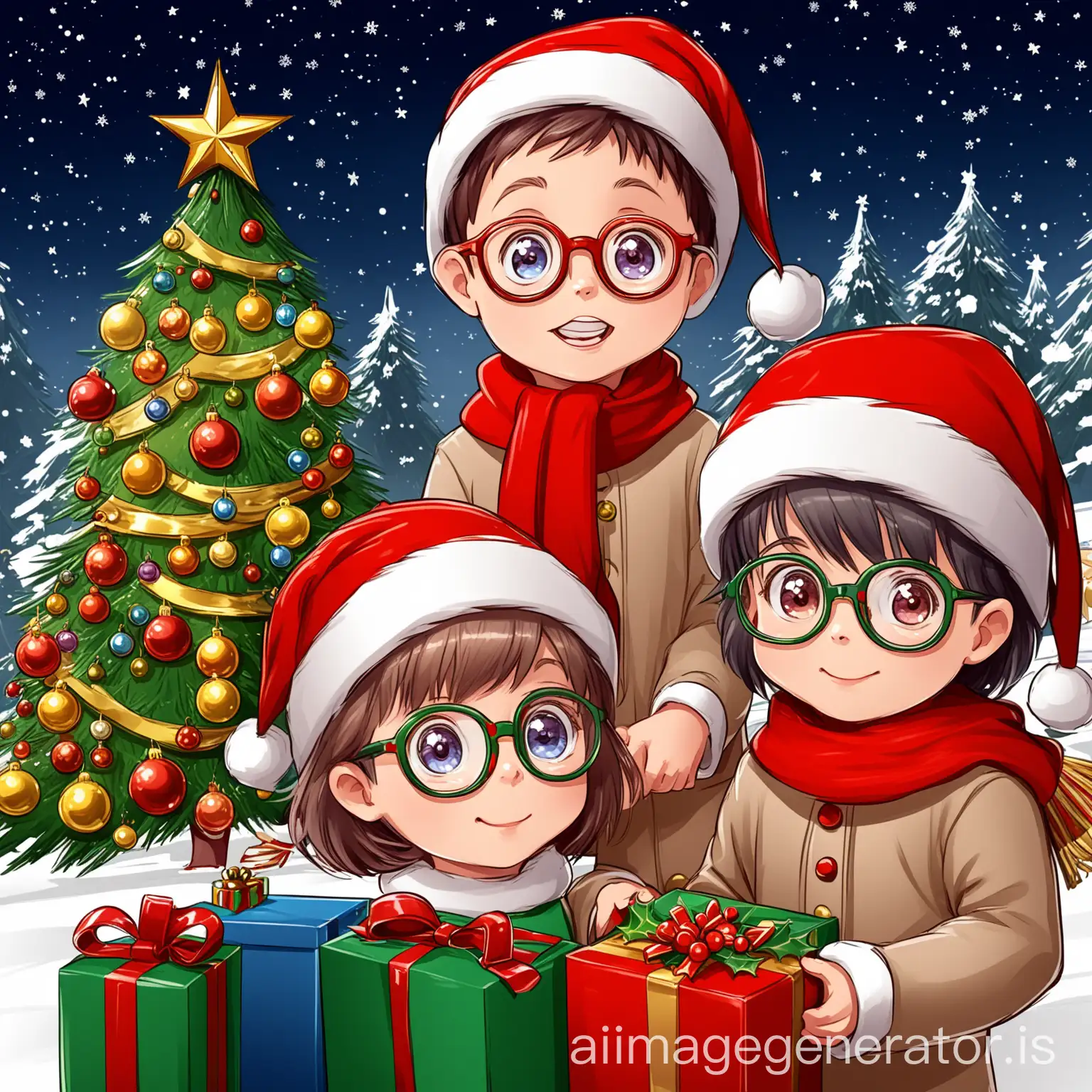 Christmas-Cartoon-of-Children-Wearing-Glasses-Celebrating-the-Holiday-Season