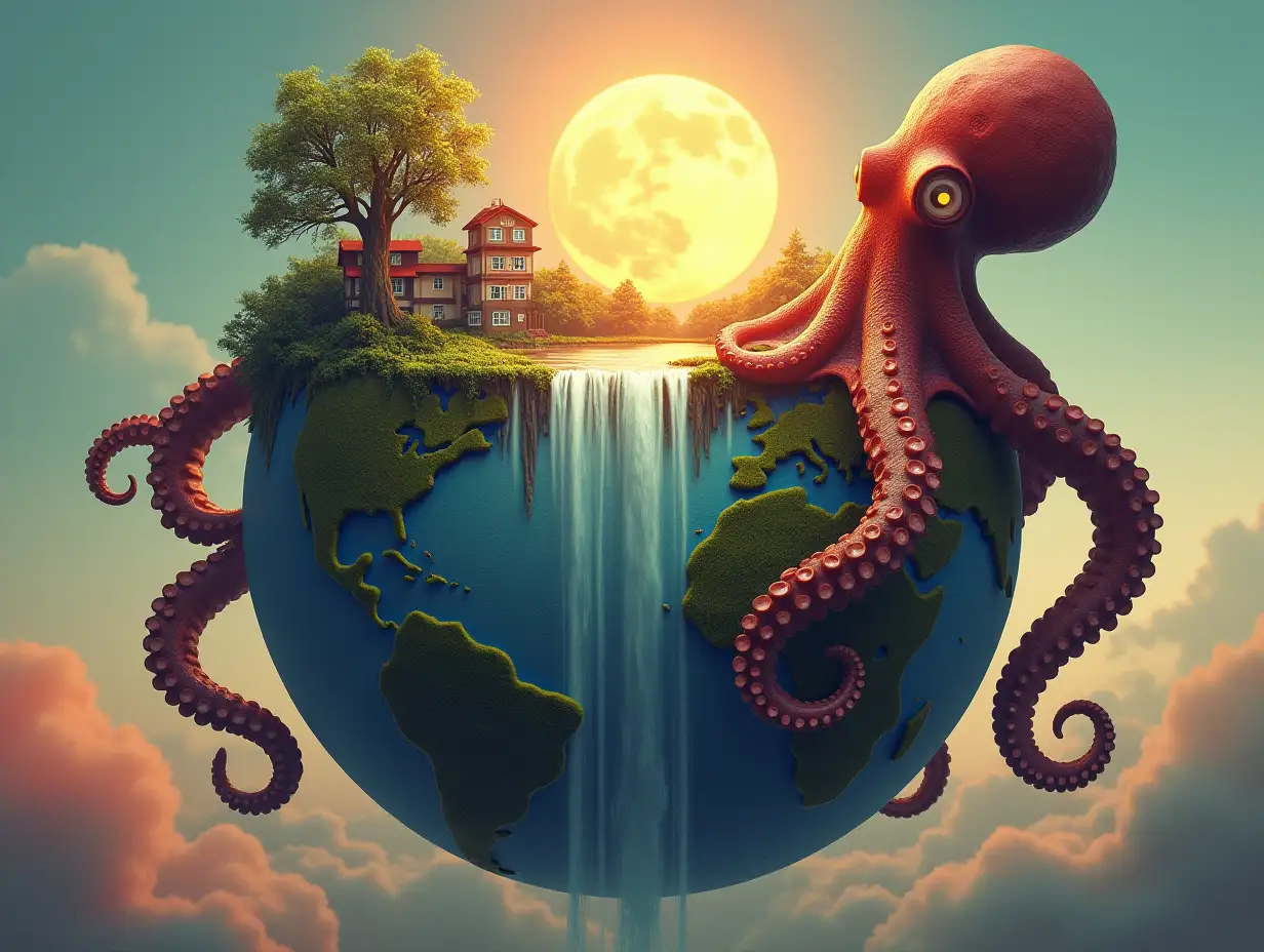 Create a globe with a building, forest, and waterfall emerging from the top half, and a giant octopus with a large head holding the globe with its tentacles, overlooking a red mist and sun