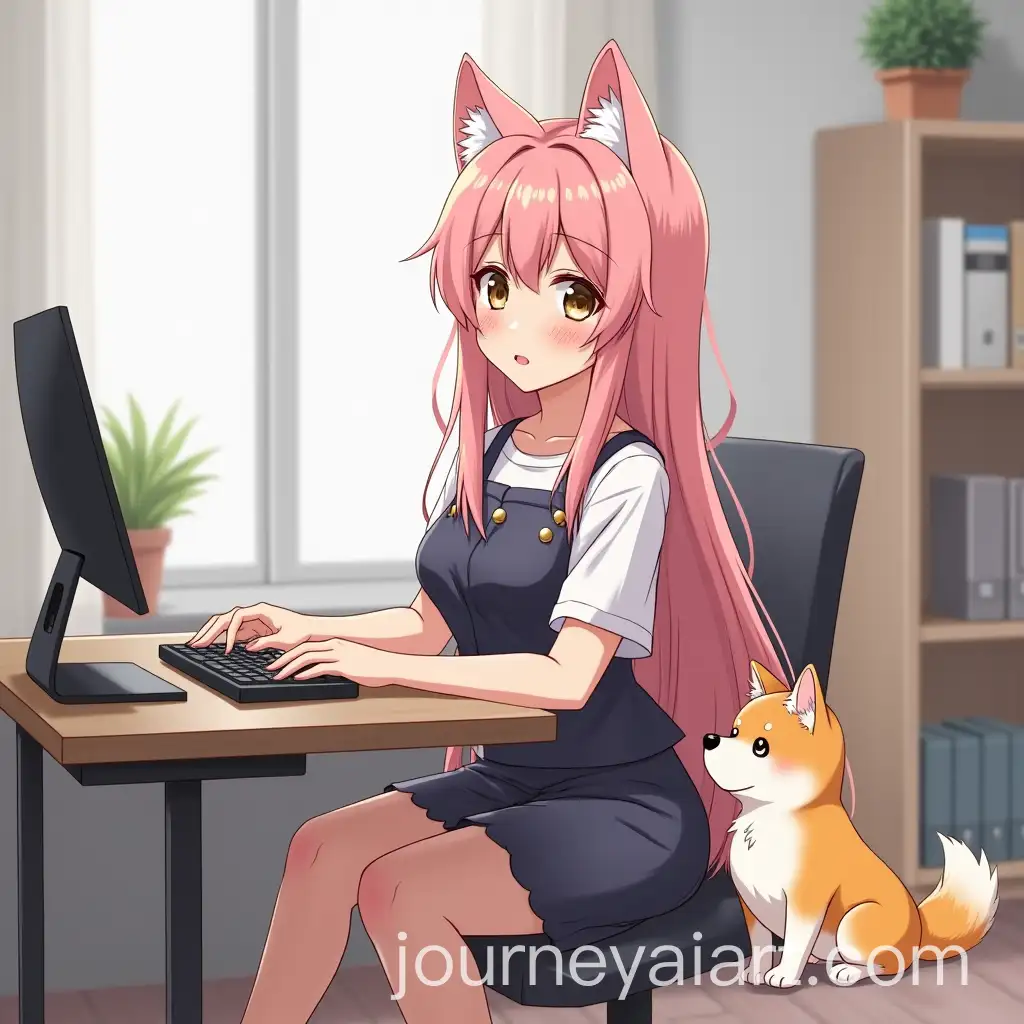 Anime-Girl-Studying-with-Pink-Hair-and-Shiba-Inu-Companion