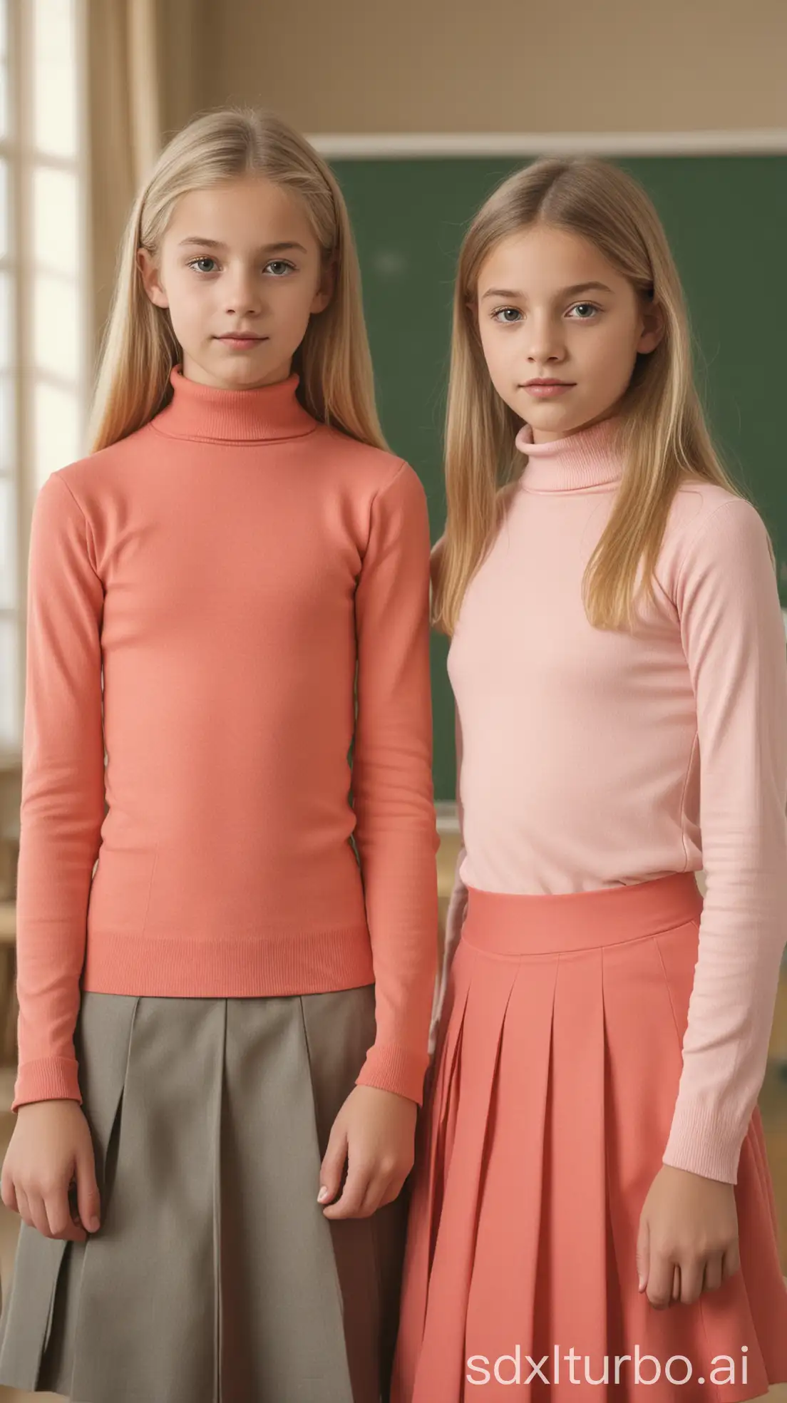 Two-12YearOld-Blond-European-Girls-in-a-Classroom-Dreamy-Look-70s-Style-Photo