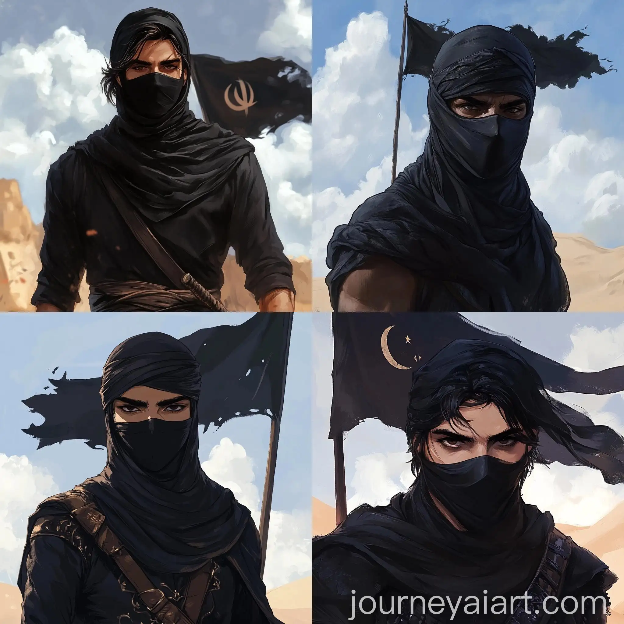 Medieval-Persian-Warrior-in-Black-Balaclava-with-Desert-Landscape