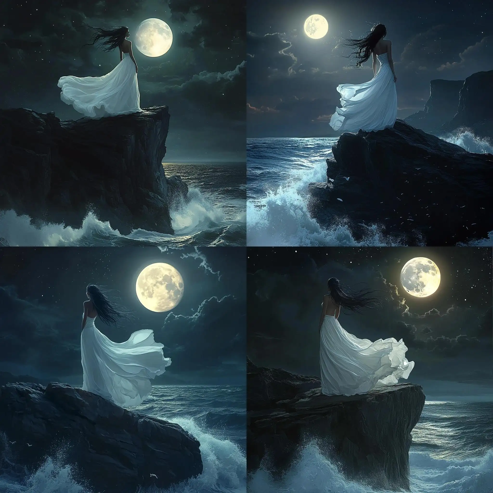 Beautiful-Woman-in-White-Silk-Dress-Standing-on-Cliff-Under-Full-Moon