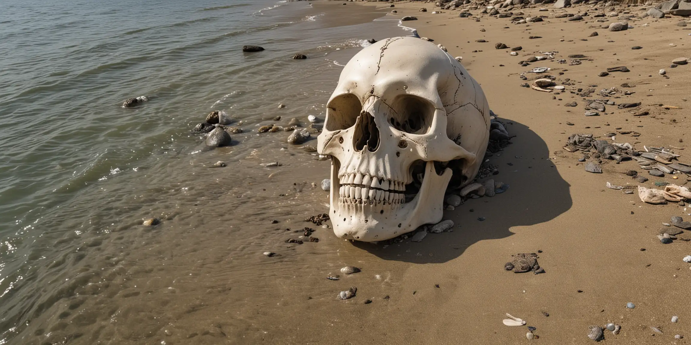 Giant SkullLike Human Head Mermaid Skeleton on Shore