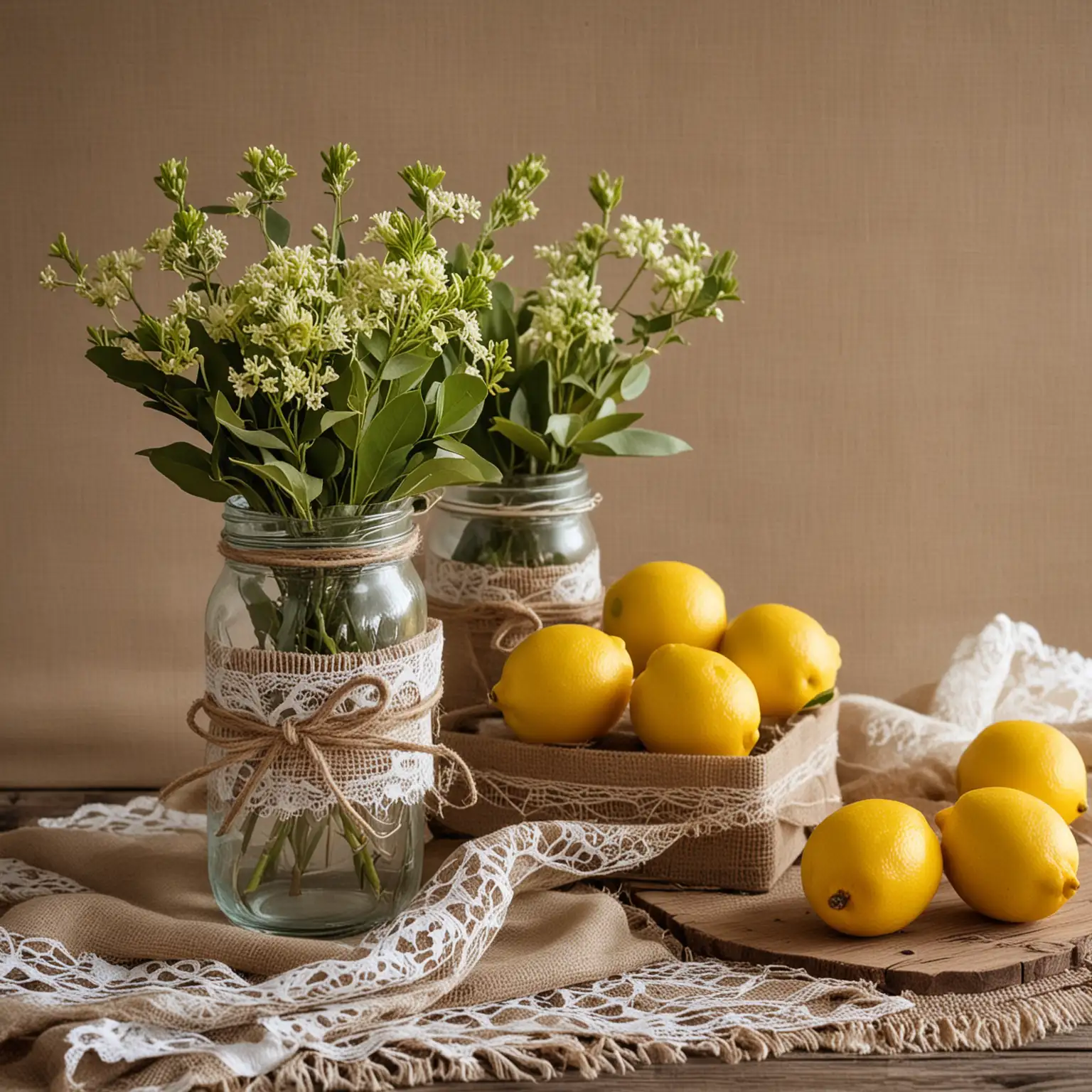 table centerpiece made of mason jar tied with burlap twine holding lemons and setting on a worn rustic burlap and lace placemat; nothing else in photo; keep background neutral