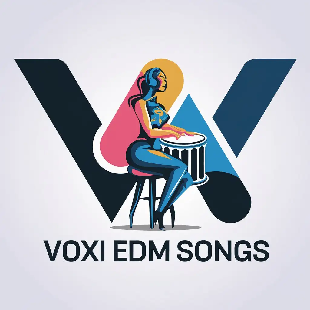 LOGO Design for VOXI EDM SONGS Modern Female Drummer on Stool with Music Theme