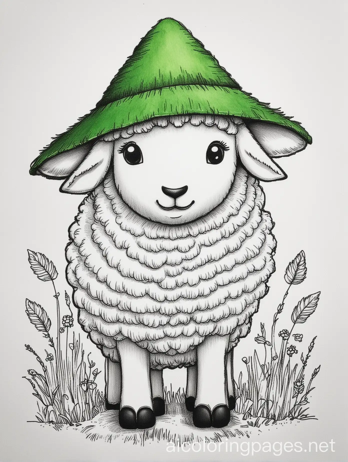 Kids-Coloring-Page-Sheep-in-a-Green-Hut-Simple-Line-Art