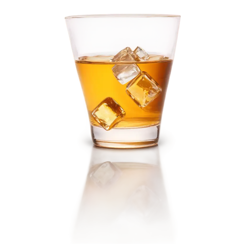 A glass of whisky, with several ice cubes inside