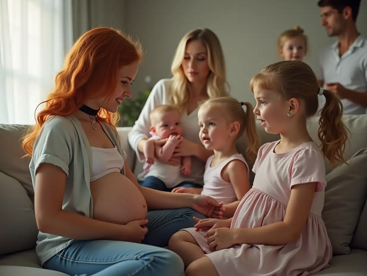 Tween-Girl-Showing-Pregnant-Belly-to-Twin-Girls-with-Parents-Arguing-in-the-Background