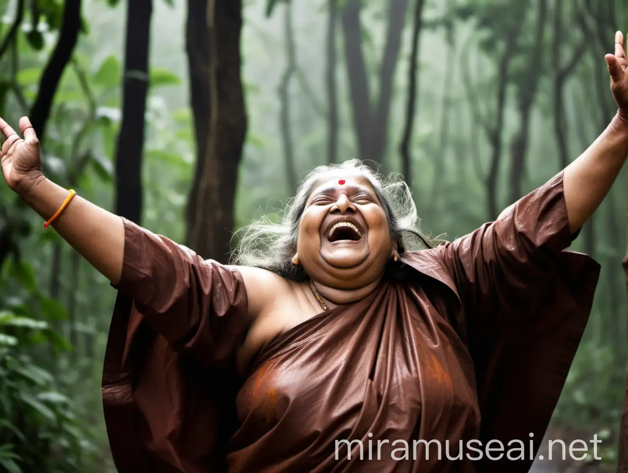 Elderly Indian Woman Monk Laughing in Rainy Forest