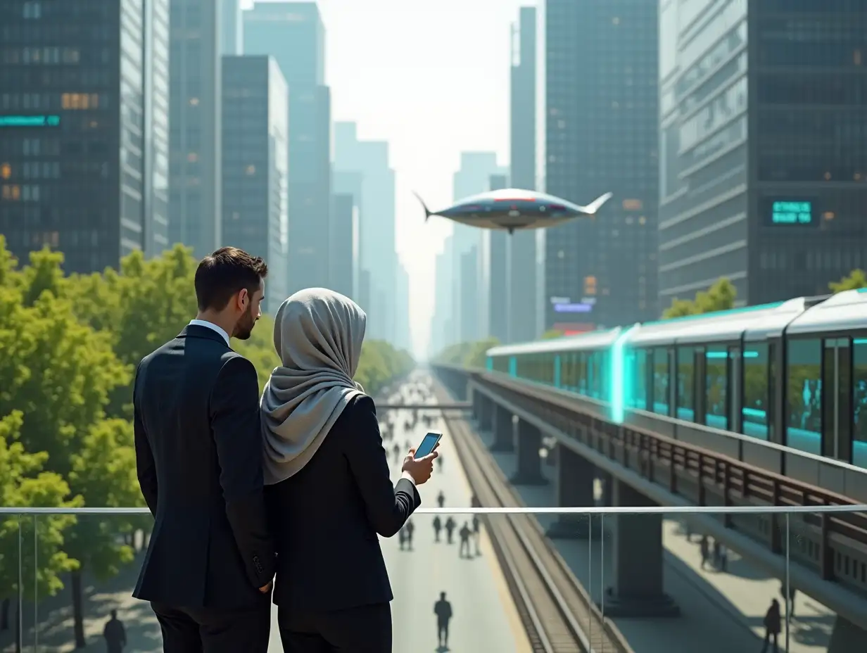 a beautiful woman in formal suit style and a scarf covering her  hair together with a Gentelman , both mobile phones in hand are looking over to a futuristic utopian city at midday. The buildings are architectural marvels ,The streets are full of activity, green trees, Pedestrians. Holographic big screen advertisements and a futuristic train just in front of their balcony ,a harmonious blend of technology, nature, and human creativity, vibrant, add a flying car in the sky