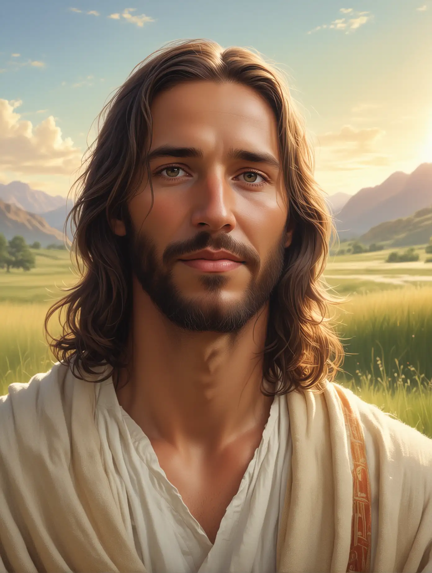 Jesus-Christ-in-Traditional-Robes-Gazing-with-Compassion-in-a-Serene-Grassy-Field